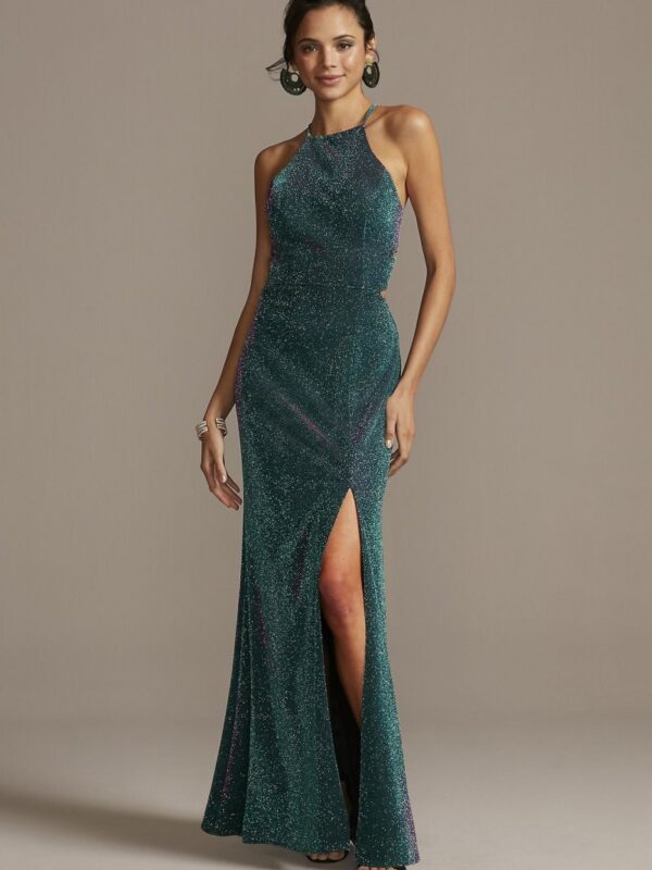 Glittery High Neck Mermaid Gown with Lace-Up Back  12720
