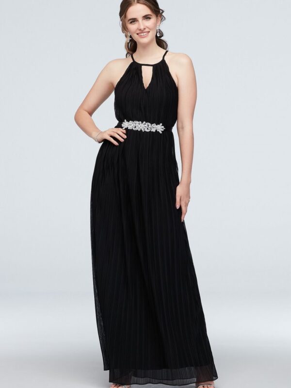 High Neck Keyhole Accordion Pleat Belted Dress City Triangles 2178BH8C