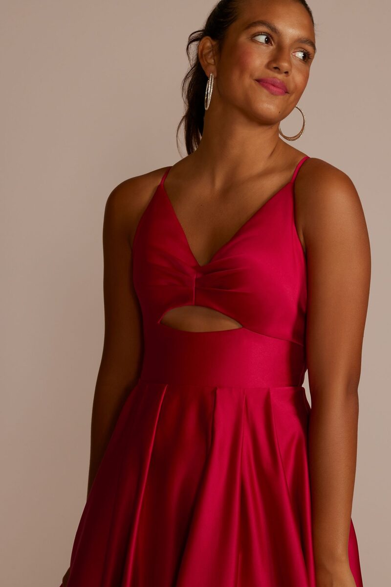 Long V-Neck Satin Ball Gown with Bodice Cutout 3803BN