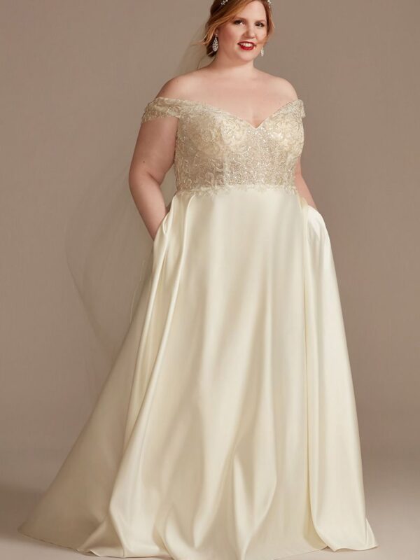 Beaded Off Shoulder Tall Plus Satin Wedding Dress  4XL8CWG890