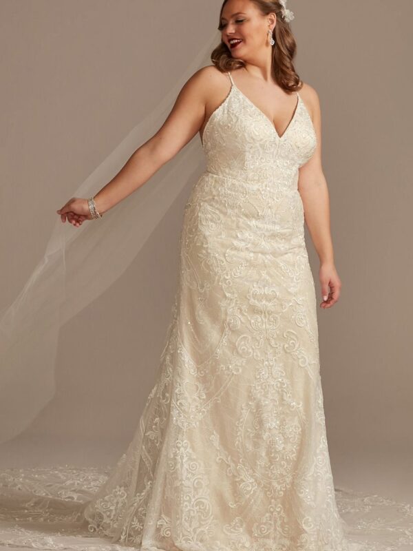 Beaded Applique Tulle Tall Plus Wedding Dress  4XL8CWG904
