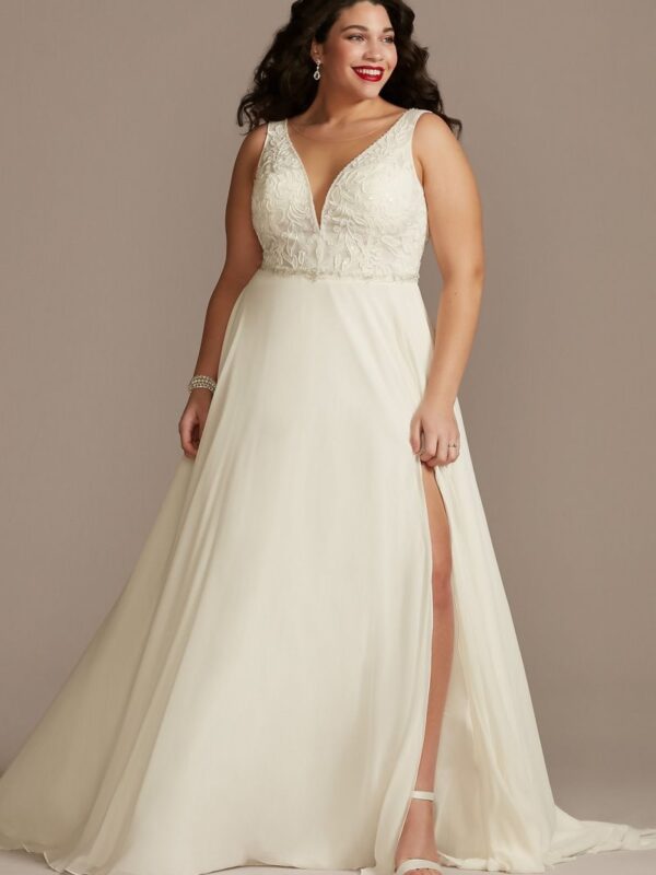 Applique Plunge Chiffon Tall Plus Wedding Dress 4XL9LBSWG842