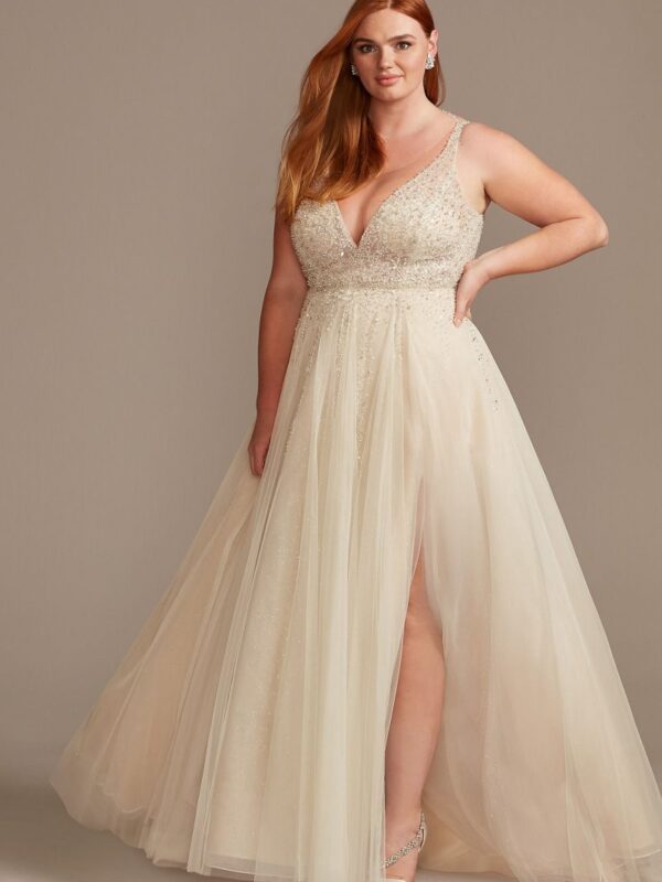 Beaded Plunging-V Illusion Tall Plus Wedding Dress 4XL9SWG837