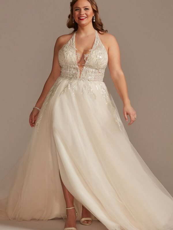 Beaded Applique Plunge Tall Plus Wedding Dress 4XL9SWG914
