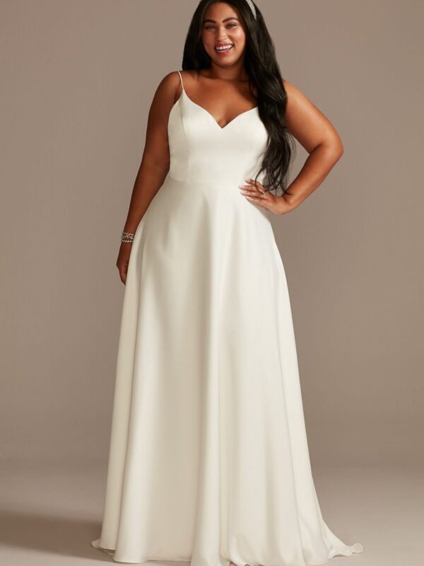 Beaded Back V-Neck Tall Plus Satin Wedding Dress 4XL9WG4004DB