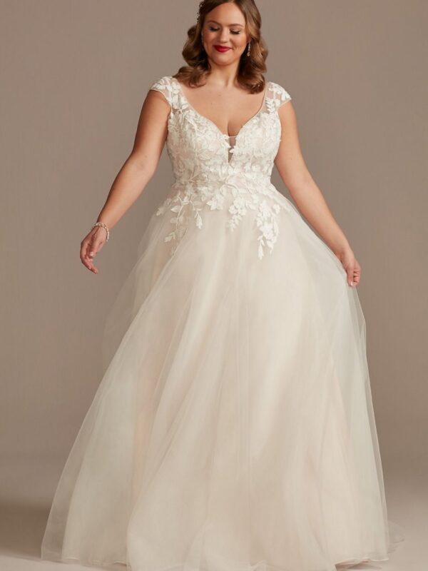Appliqued Cap Sleeve Tulle Tall Plus Wedding Dress 4XL9WG4037