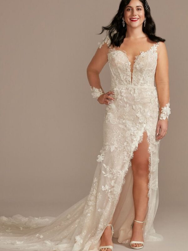 3D Floral Tall Wedding Dress with High Slit 4XLMBSWG886