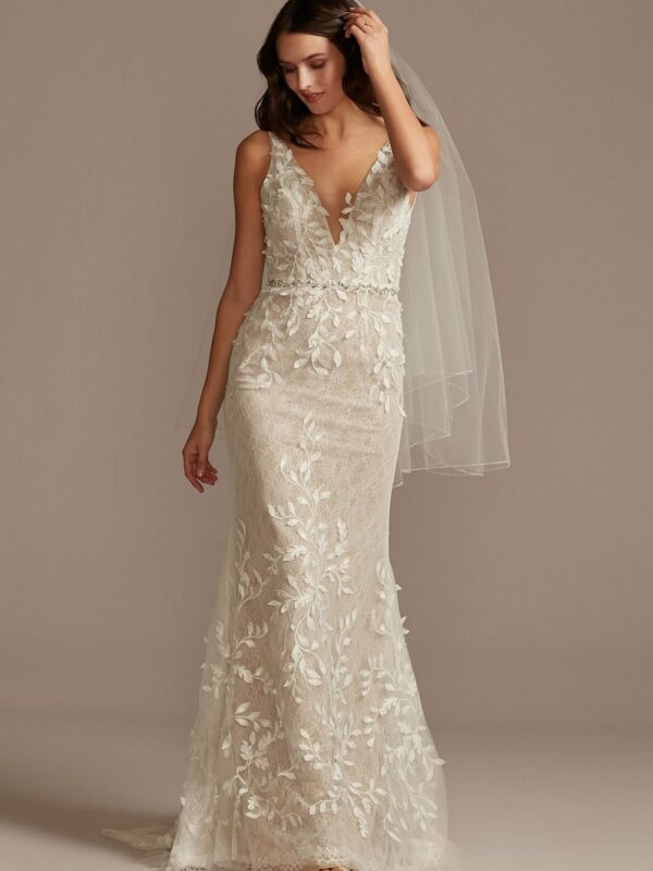 3D Leaves Applique Lace V-Neck Tall Wedding Dress  4XLMS251223