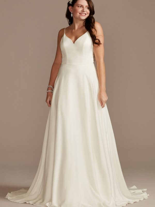 Beaded Back V-Neck Tall Satin Wedding Dress 4XLWG4004DB