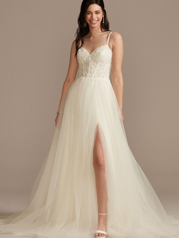 Sheer Boned Bodice Tulle Tall Wedding Dress 4XLWG4036