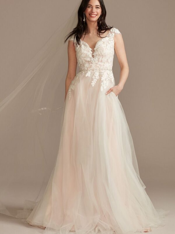 Appliqued Cap Sleeve Tulle Tall Wedding Dress 4XLWG4037