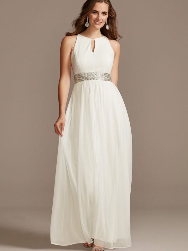 Jersey Keyhole Bodice Gown with Crystal Waist 5655
