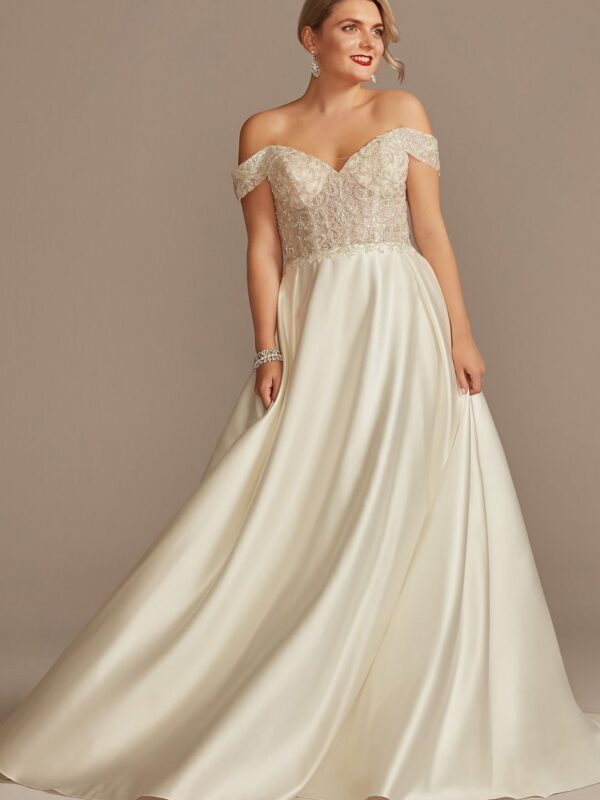 Beaded Off Shoulder Petite Satin Wedding Dress  7CWG890