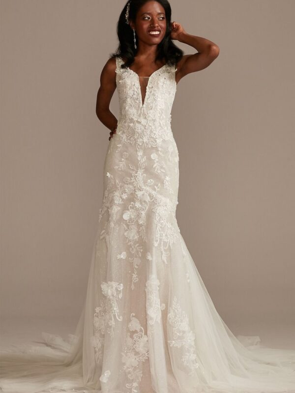 Beaded Lace 3D Floral Tulle Petite Wedding Dress 7SWG897