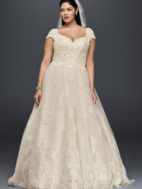Cap Sleeve Lace Plus Size Ball Gown Wedding Dress  8CWG768