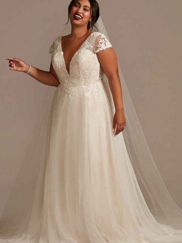 Cap Sleeve Pearly Low Back Plus Size Wedding Dress  8CWG889