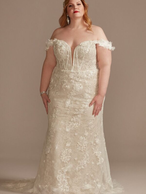 3D Floral Applique Plunge Plus Size Wedding Dress 9LSSWG885