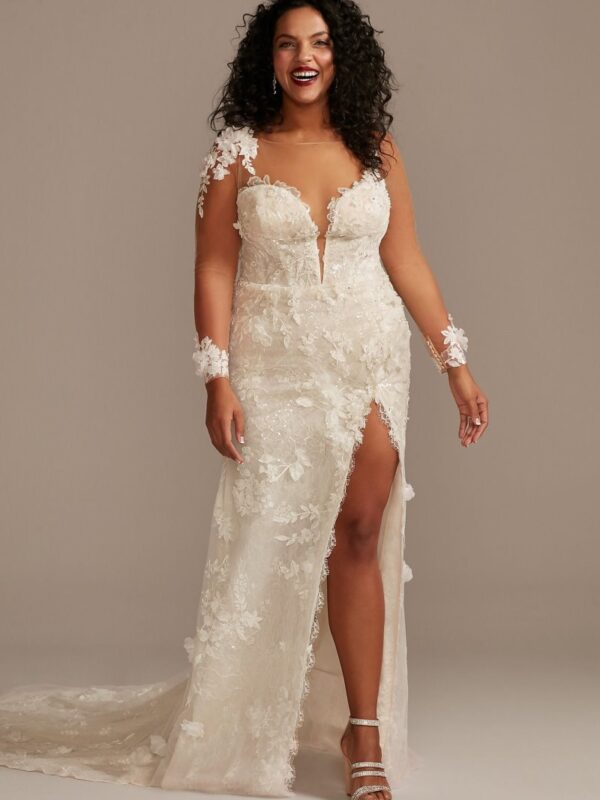 3D Floral Plus Size Wedding Dress with High Slit 9MBSWG886