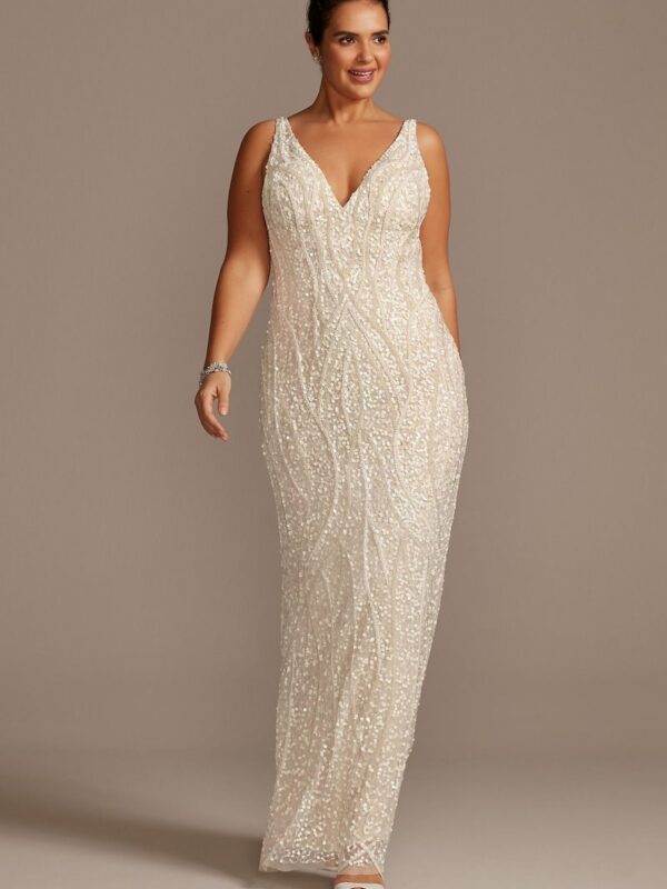 Beaded Matte Sequin V-Neck Plus Size Sheath Dress 9WGIN026
