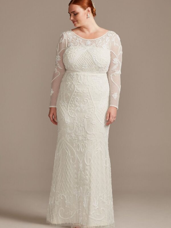 Allover Scroll Beaded Plus Size Long Sleeve Gown 9WGIN718