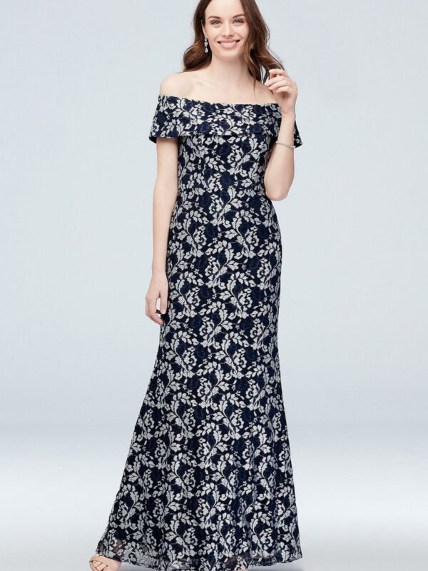 Off the Shoulder Popover Metallic Lace Gown A22182