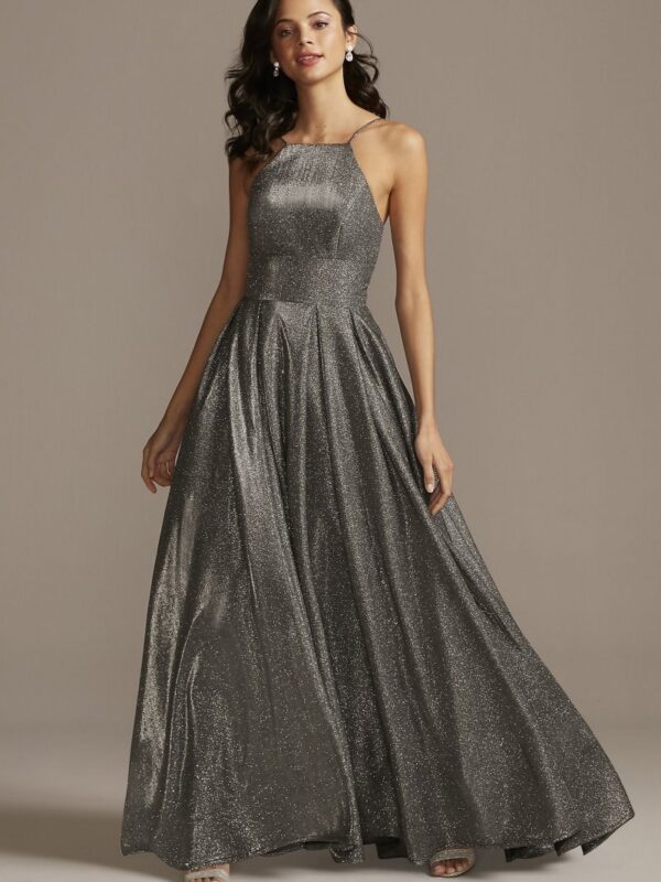 High Neck Metallic Ball Gown with High Low Hem A23281
