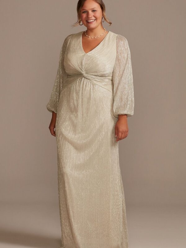 Balloon Sleeve Crinkle Metallic Plus Size Dress AP1E207094W