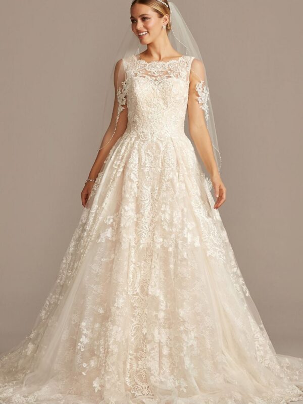 Beaded Lace Wedding Dress with Pleated Skirt  CWG780