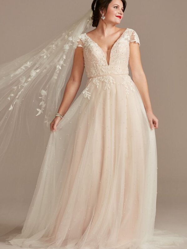 Cap Sleeve Pearl Tulle Wedding Dress with Low Back  CWG889
