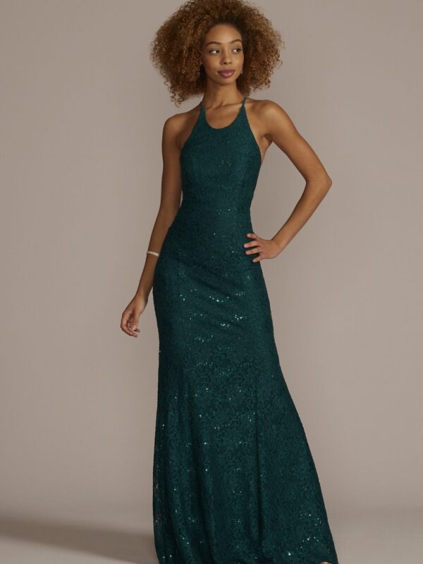 Halter Neck Glitter Lace Mermaid Gown with Godets D24NY22020