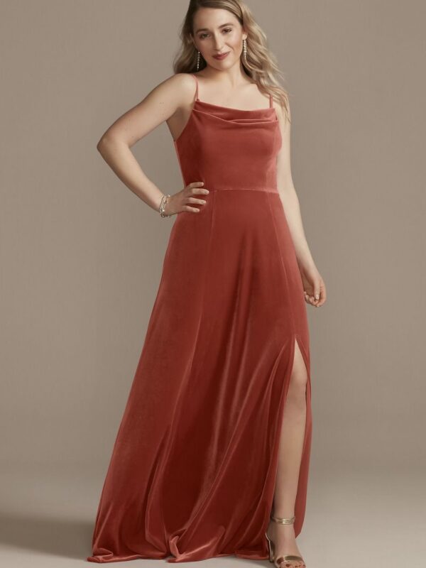 Velvet Cowl Neck Spaghetti Strap Bridesmaid Dress F20439