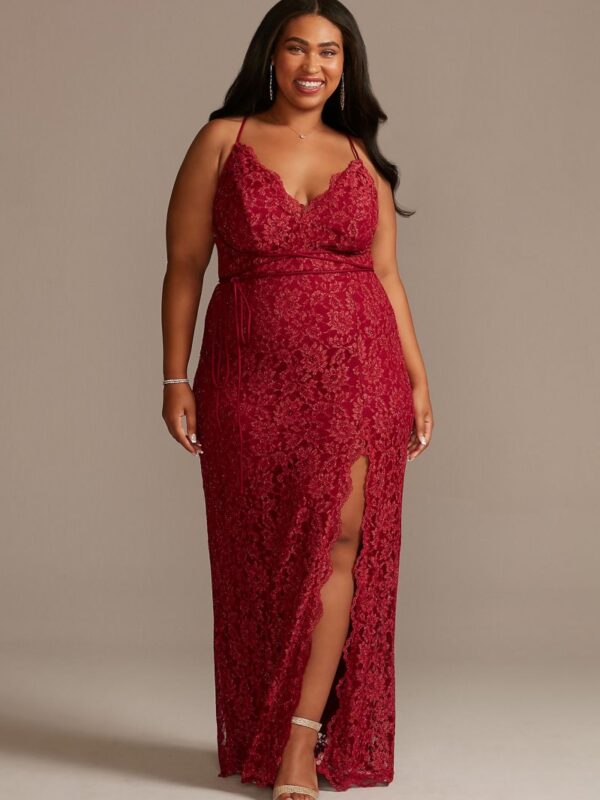 Plus Allover Lace Sheath Gown with Plunge Neckline GS28WBM2520W