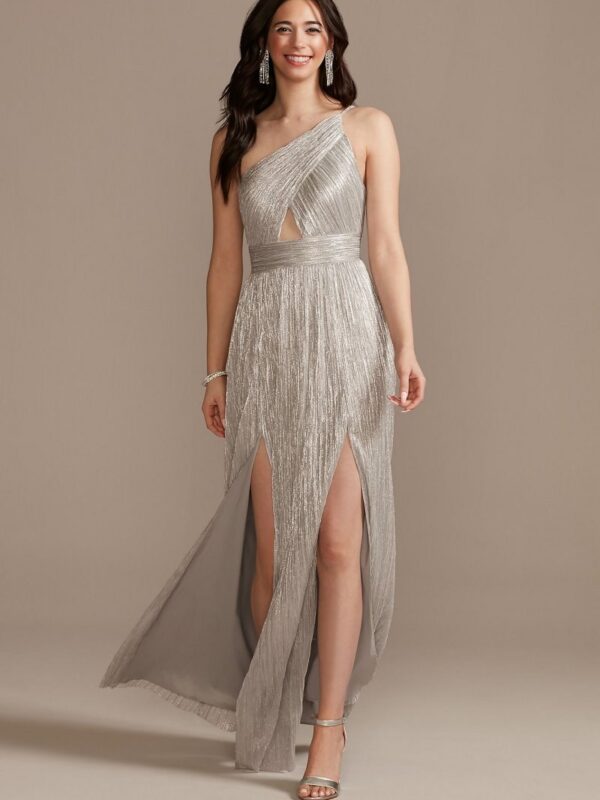 Pleated Metallic Knit One-Shoulder Long Dress Aidan Mattox MN1E205084