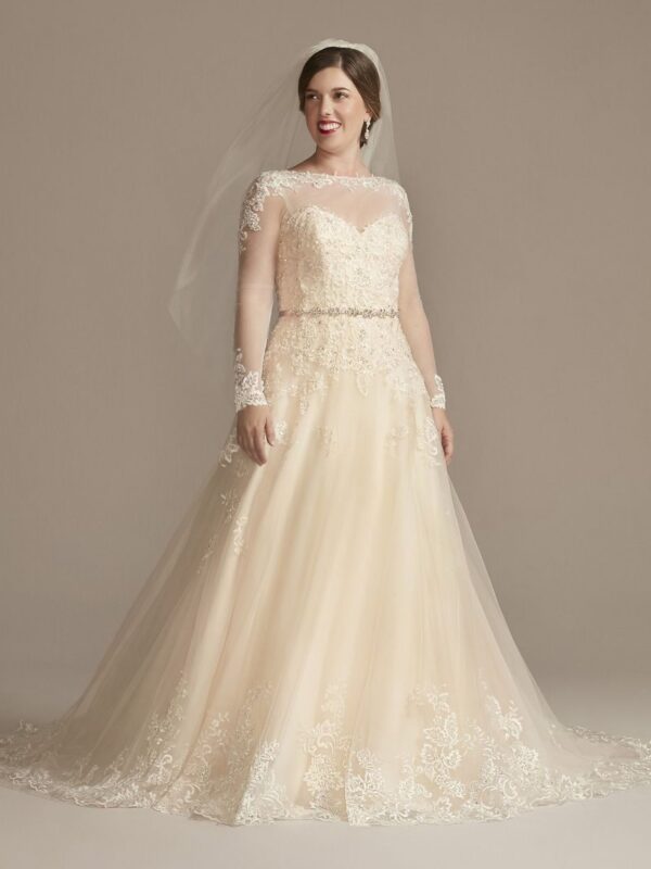 Beaded Lace and Tulle Long Sleeve Wedding Dress Jewel SLV3836