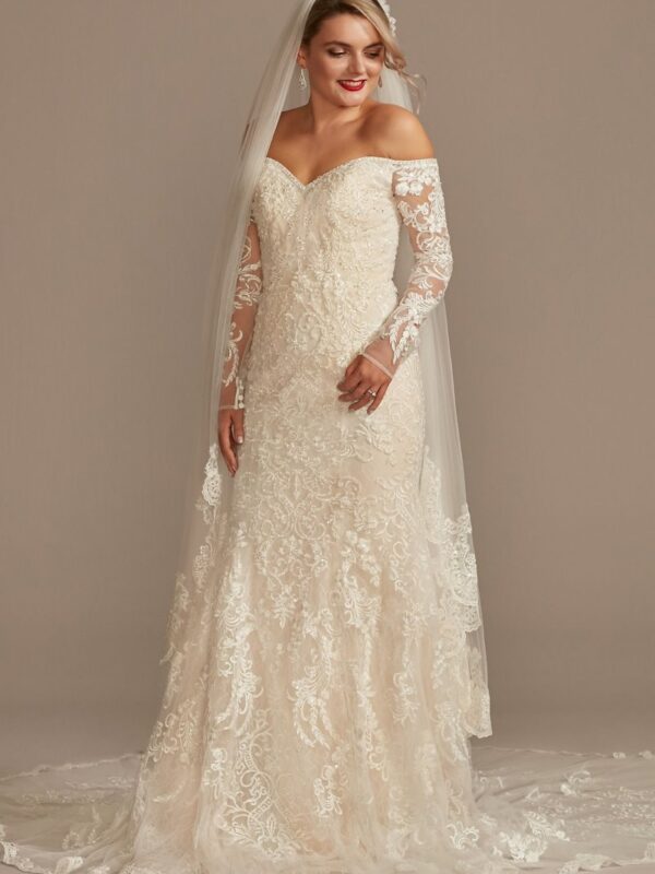 Beaded Lace Long Sleeve Off Shoulder Wedding Dress  SLXTCWG808