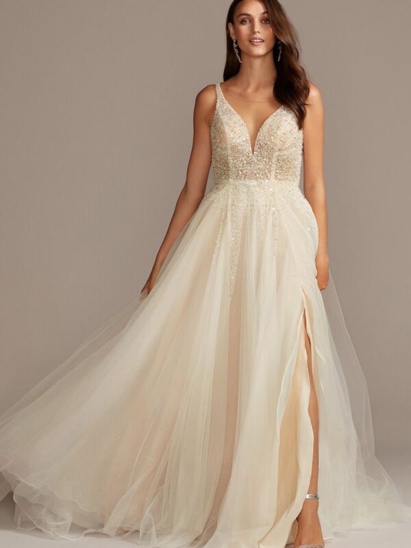 Beaded Bodice Plunging-V Illusion Wedding Dress SWG837