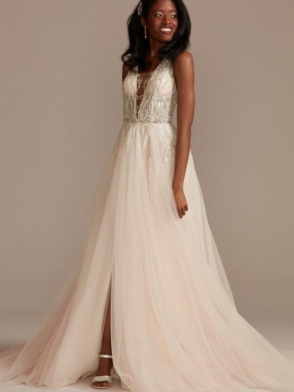 Beaded Applique Plunge Wedding Dress with Slit SWG914